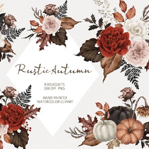 Clipart de otoño de acuarela, ramos de calabaza, ramos de flores de otoño, originales pintados a mano