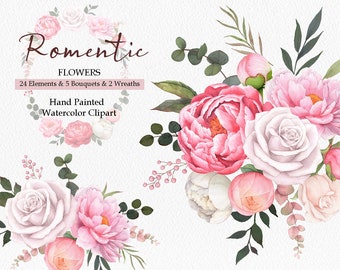 Aquarell Blumen Clipart,Pink Pfingstrose Blumenstrauß,Rosen Rahmen,Hochzeit Clipart,Pfingstrose Kranz,Floral Aquarell,Blumen Liebhaber Geschenk