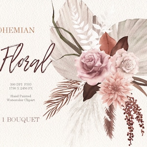 aquarela boho floral clipart, buquê de rosas, folha de grama boho seca PNG, original pintado à mão