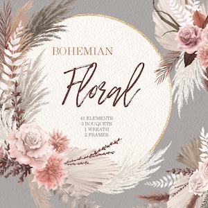 watercolor boho floral clipart,roses wreath and Bouquets,Bohemian dried leaf,DIY elements PNG