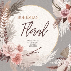 Clipart floral bohème aquarelle, couronne de roses et bouquets, feuille séchée bohème, éléments de bricolage PNG, original peint à la main