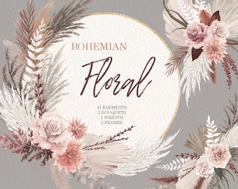 Clipart floral bohème aquarelle, couronne de roses et bouquets, feuille séchée bohème, éléments de bricolage PNG, original peint à la main