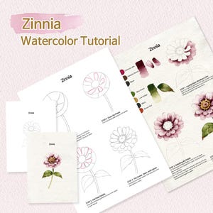 May include: Watercolor tutorial titled "Zinnia" with step-by-step instructions and illustrations of the flower. The tutorial includes color swatches and detailed diagrams for painting the petals, center, stem, and leaves.