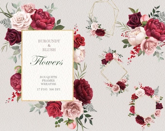 watercolor gold geometric frame,burgundy rose bouquet,original hand painted,Wedding Clipart,pink Bouquet,Wedding Invitation png