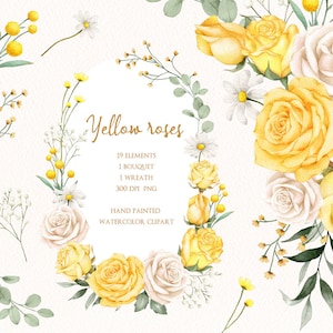acquerello rosa gialla clipart, ghirlanda e bouquet, foglia secca Boho, originale dipinta a mano