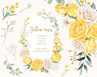 Aquarell gelbe Rose Clipart, Kranz und Blumensträuße,Boho getrocknetes Blatt,original handgemalt