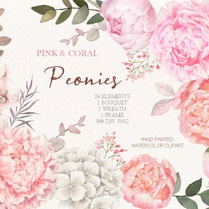 aquarel boho bloemen clipart, roze pioenboeketten, koraalpioenkrans, doe-het-zelf-elementen png, origineel handgeschilderd