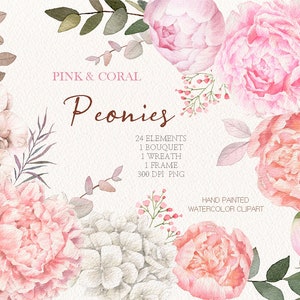 watercolor boho floral clipart,pink peony Bouquets,coral peony wreath,DIY elements PNG