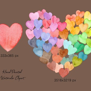 Pu&ograve; includere: Un'illustrazione ad acquerello di una forma di cuore composta da molti cuori pi&ugrave; piccoli in varie tonalit&agrave; di rosso, rosa, viola, blu, verde, giallo e arancione. I cuori sono disposti in un motivo sfumato, creando un effetto arcobaleno. L'immagine include il testo "Hand Painted Watercolor Clipart" e le dimensioni "3516x3219 px".