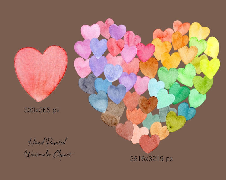 Pu&ograve; includere: Un'illustrazione ad acquerello di una forma di cuore composta da molti cuori pi&ugrave; piccoli in varie tonalit&agrave; di rosso, rosa, viola, blu, verde, giallo e arancione. I cuori sono disposti in un motivo sfumato, creando un effetto arcobaleno. L'immagine include il testo "Hand Painted Watercolor Clipart" e le dimensioni "3516x3219 px".