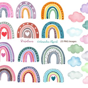 May include: A set of 23 watercolor clipart images featuring rainbows with hearts and clouds in various colours. The text "Rainbows Watercolor Clipart 23 PNG Images" is included in the image.