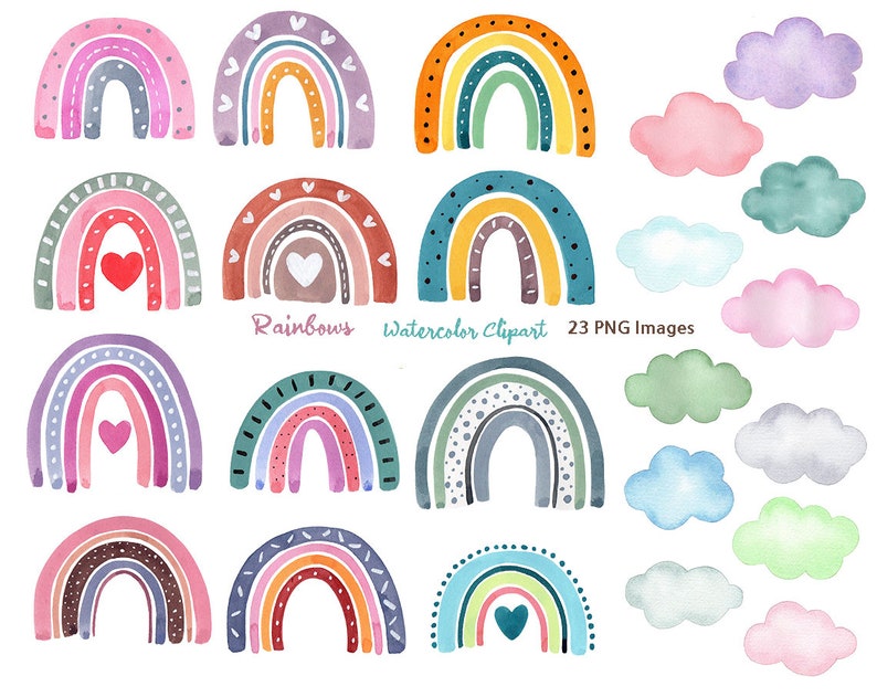 May include: A set of 23 watercolor clipart images featuring rainbows with hearts and clouds in various colours. The text "Rainbows Watercolor Clipart 23 PNG Images" is included in the image.
