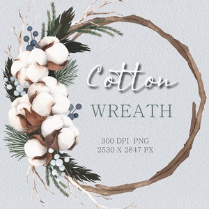May include: A watercolor illustration of a cotton wreath with brown branches, green pine needles, and blue berries. The wreath is on a light blue background with the text "Cotton Wreath" and "300 DPI PNG 2530 X 2847 PX".
