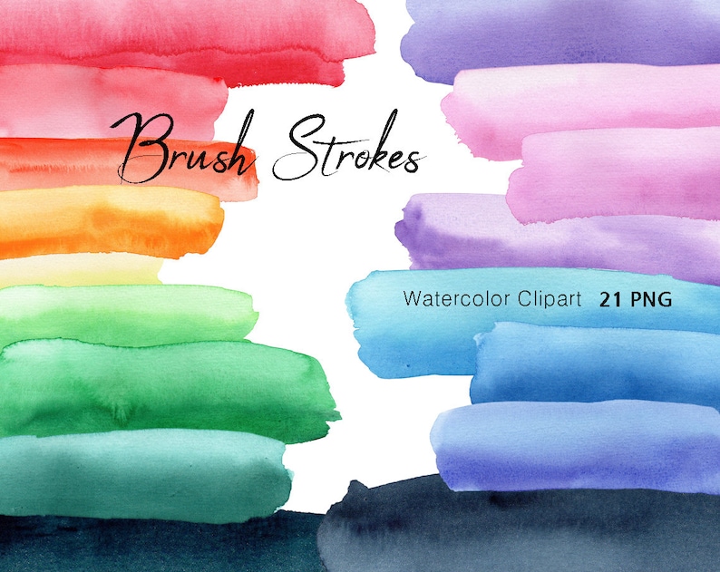 May include: A set of 21 watercolor brush stroke clipart images in various colors, including red, orange, yellow, green, blue, purple, and pink.  Watercolor Clipart 21 PNG.
