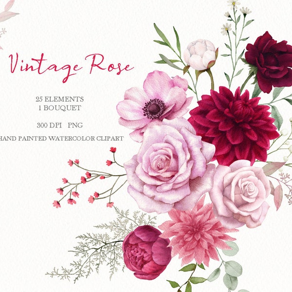 watercolor vintage rose clipart,botanical flowers arrangements dried leaf,DIY elements PNG