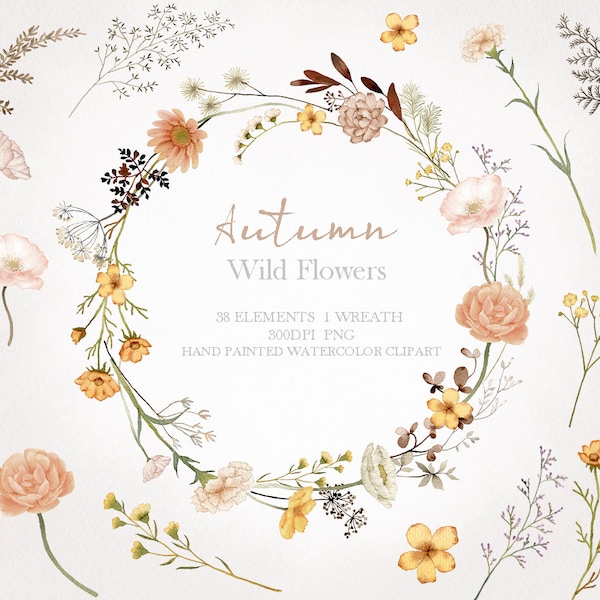 Watercolor wildflower floral clipart,autumn flower frame,botanical wreath bouquet