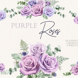 Clipart de flores de acuarela, rosa morada, arreglos florales, clipart de flores, clipart de boda, ramo morado, pintado a mano original