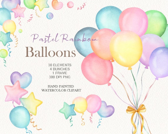 Watercolor Pastel Rainbow Balloons Clipart,baby Shower,hand