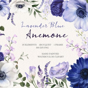 Watercolor ravender blue flower clipart,anemone Bouquet,boho floral purple frame,DIY elements PNG