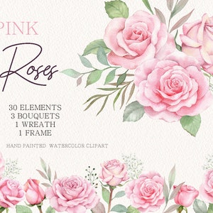 clipart de flores em aquarela, buquê de rosas, moldura de flores rosa, arranjos florais, clipart de casamento, buquê rosa, original pintado à mão