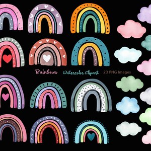 May include: A set of 23 watercolor clipart images featuring rainbows and clouds. The rainbows are in various colours and patterns, with some featuring hearts. The clouds are in shades of blue, green, and pink.
