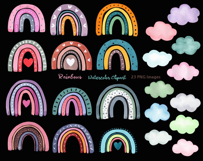 May include: A set of 23 watercolor clipart images featuring rainbows and clouds. The rainbows are in various colours and patterns, with some featuring hearts. The clouds are in shades of blue, green, and pink.