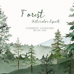 clipart di alberi della foresta ad acquerello, paesaggi di pini boschivi, invito di nozze PNG, dipinto a mano originale