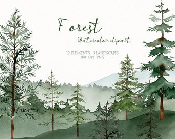 watercolor forest tree clipart,woodland pine trees Landscapes,Wedding invitation PNG,original hand painted