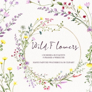 Clipart floral aquarelle de fleurs sauvages, cadre de fleurs de printemps, bouquet de couronne de jardin, original peint à la main