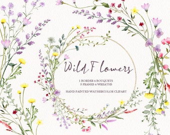 Watercolor wildflower floral clipart,spring flower frame,garden wreath bouquet,original hand painted