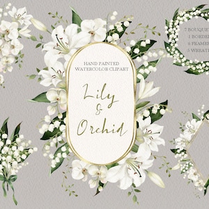 Lelietje-van-dalen clipart, aquarel bloem orchidee boeketten, bruiloft frame, bloemenkransen, origineel handgeschilderd