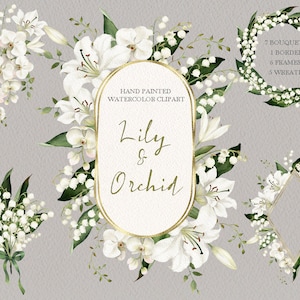 Lily of the valley clipart,watercolor flower orchid bouquets,wedding frame,floral Wreaths