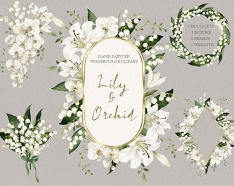 Lily of the valley clipart,watercolor flower orchid bouquets,wedding frame,floral Wreaths,original hand painted