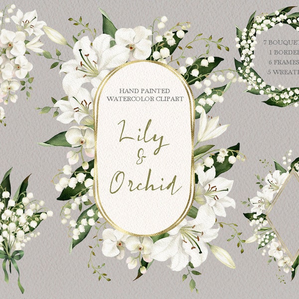 Clipart de muguet, bouquets d’orchidées de fleurs à l’aquarelle, cadre de mariage, couronnes florales