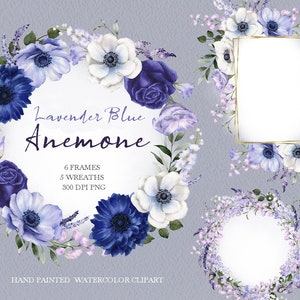 Rabenblauer Blumenrahmen, Aquarell Anemonenkränze, Boho Blumen Clipart, Original handgemalt