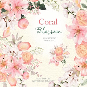 Ramos de lirios de coral, acuarela, clipart floral, flor de verano, hoja verde, original pintado a mano