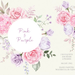 pink flower bouquets clipart,watercolor purple rose floral,Greenery Leaves,wedding invitation