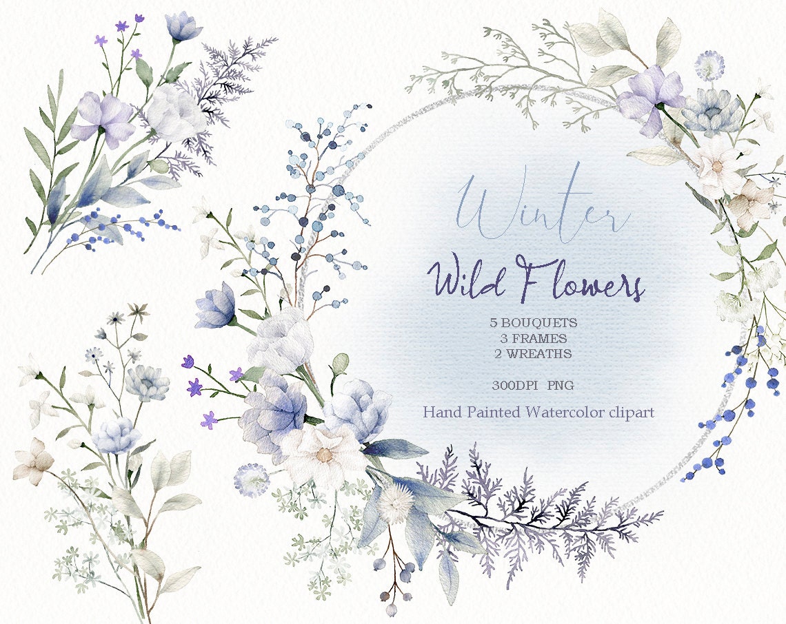 Watercolor wildflower floral clipart,winter flower wreath,garden frame bouquet,original hand painted