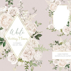 Marco geométrico dorado de acuarela, ramo de peonías blancas, arreglos florales, clipart de boda, ramo rosa, original pintado a mano