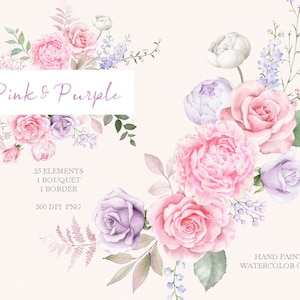 Aquarell Blume Clipart,rosa Rose Bouquet,lila Blumenrahmen,Blumenarrangements,Hochzeitseinladung,original handgemalt