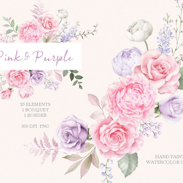 watercolor flower clipart,pink rose bouquet,purple flower frame,Floral arrangements,wedding invitation