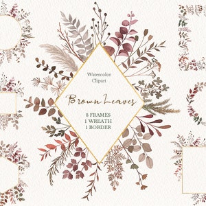 Aquarelle boho feuilles séchées clipart, cadres de feuilles bohèmes, bouquets de couronne de verdure png, original peint à la main
