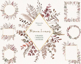 Watercolor boho dried leaves clipart,Bohemian leaves frames, greenery wreath bouquets png,original hand painted