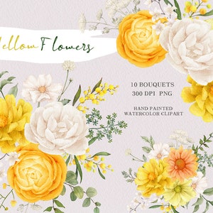 watercolor yellow flowers bouquets,boho floral clipart,hand painted