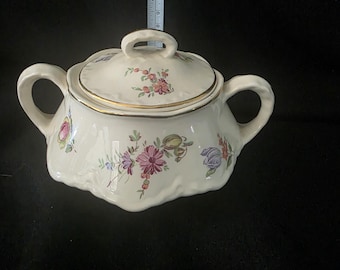 Vintage Homer Laughlin Virginia Rose Floral Covered Sugar Bowl Tureen Gold Trim USA