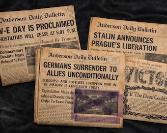 WWII Newspaper Lot VE Day May 7 8 9 1945 Germany Surrenders Victory Europe...