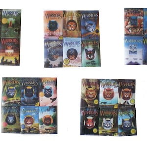 May include: A collection of 24 paperback books with colorful covers featuring cats. The books are titled "Warriors" and feature different cat characters on each cover.