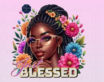 Bendecida. Imagen prediseñada de una mujer afroamericana. Afirmación. PNG. Descarga digital. Sublimación. Planificadores. DTF. Vasos.