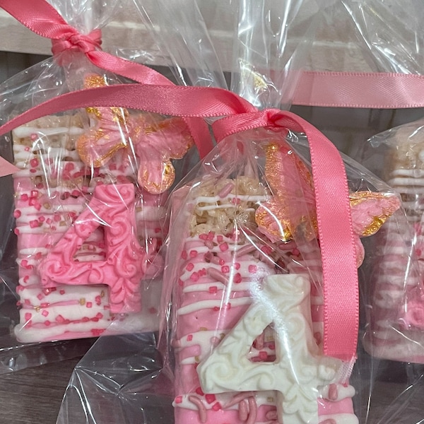 Butterfly chocolate covered Rice Krispie treats| birthday Rice Krispies | party favor | pink Rice Krispies | dessert table treats|