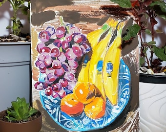 Fruit in Bowl Mixed Media Painting Drawing on Paper Abstract Food Still Life Large Calm Colorful Kitchen Dining Room Wall Art